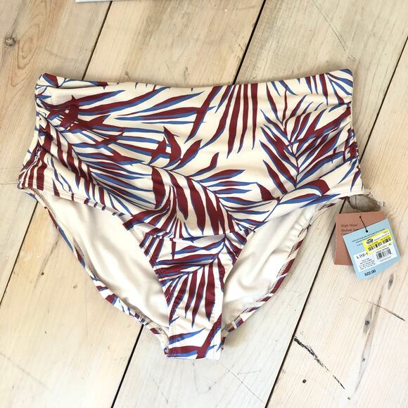 Shade & Shore NWT Women's Shirred High Waist Bikini Bottom Palm Blue Burgundy L - Picture 3 of 9